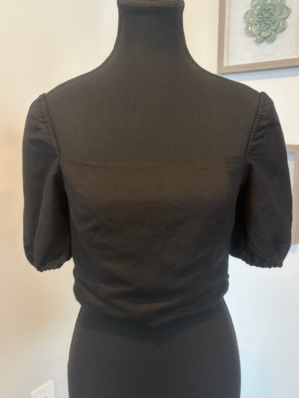 OAK + FORT Linen Blend Black Puff-Sleeve Smocked Crop Top NWT!